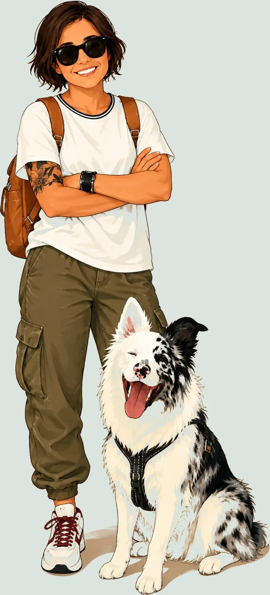 Illustrazione di Roberta in piedi accanto a Lillo, il suo border collie